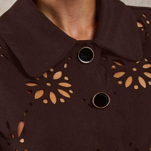 Brown Women's Hollow Out Button Front Top And Shorts Set - Picture 6 of 6